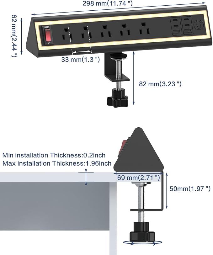Desk Clamp Power Strip with Nightlight, 40W Fast Charging, 6FT Extension Cord, 4x20W USB-C & 2 USB Ports, 5 AC Outlets, Fits 1.69-Inch Table Edges