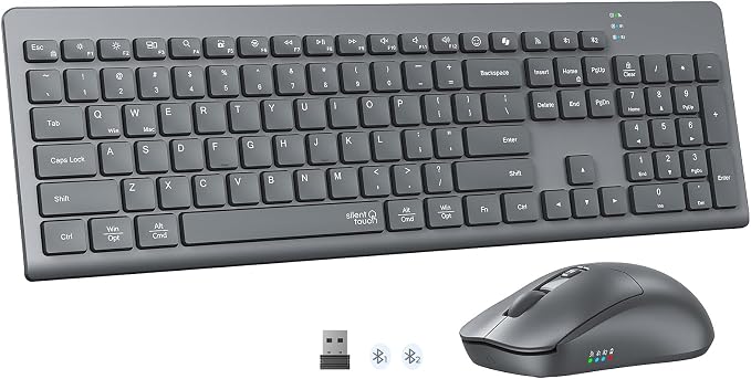 MEETION Wireless Keyboard and Mouse, Silent Bluetooth Keyboard Mouse Set, 2.4G/Bluetooth Full-Sized Computer Keyboard, Gray