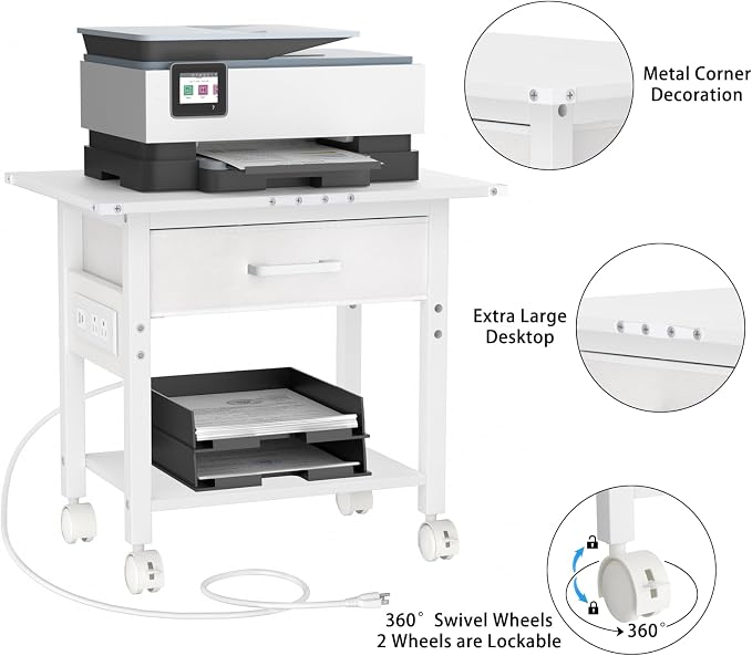 Lerliuo Under Desk Rolling Printer Stand with Charging Station and USB Ports, 2-Tier Printer Table Desk with Fabric Drawer, Printer Cart Holder with Lockable Wheels for Home, Office (White)