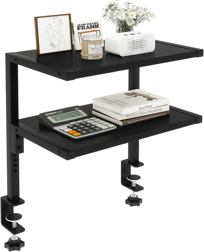 IBUYKE Clamp on Desk Organizer Shelf,12.9 inches Desk Extender Shelves, Above or Below Desk 2-Tier Adjustable Storage Shelves for Desktop Accessories,Black,TMZ007B