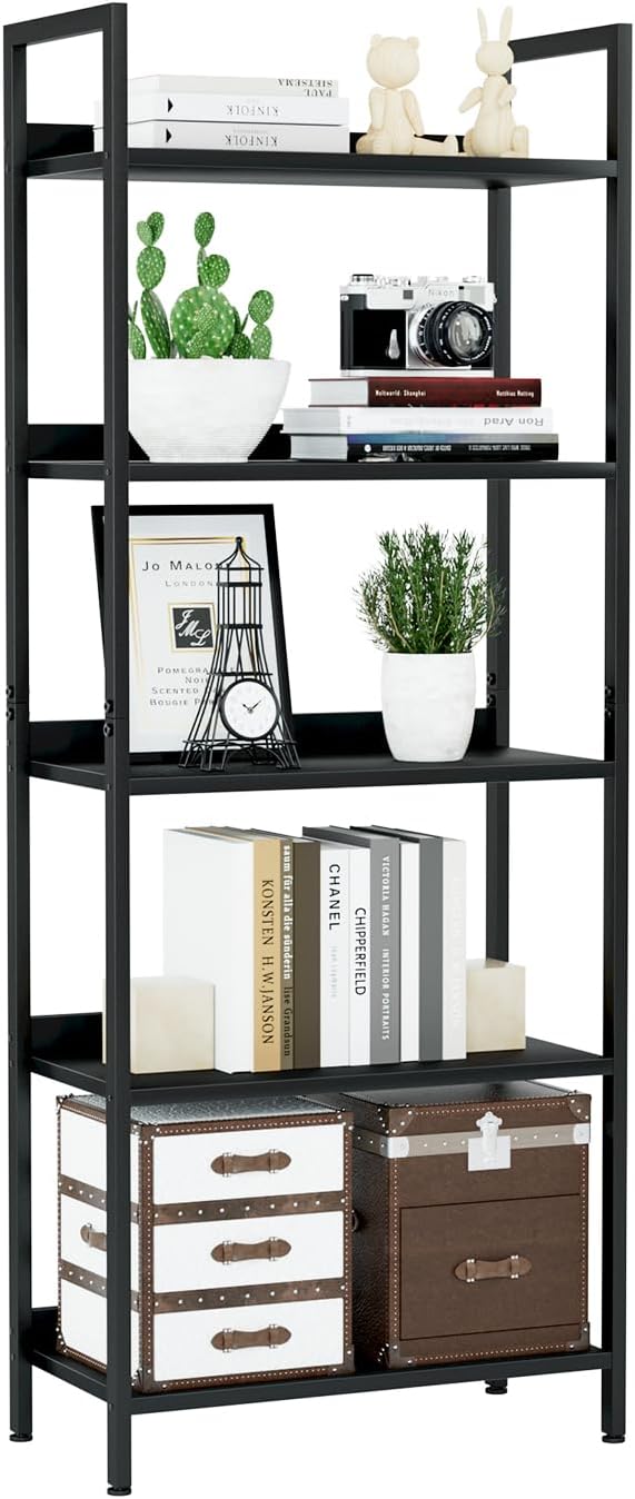 NUMENN Bookshelf, 5 Tier Bookshelves, Home Office Bookcase Shelf Storage Organizer, Free Standing Storage Shelving Unit for Bedroom, Living Room and Home Office, Black