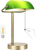 Traditional Green Glass Bankers Desk Lamp,LED Bulb Included | Pull Chain Switch Plug in Fixture