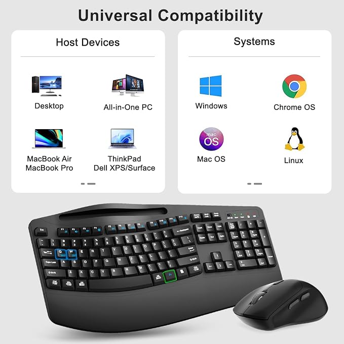 Wireless Keyboard and Mouse Combo, 2.4G Full Size Wave Keys Ergonomic Keyboard with Wrist Rest, Phone Holder, 3-Level DPI Wireless Silent Mouse with 6-Buttons, for Windows, Mac OS, Laptop, PC (Black)