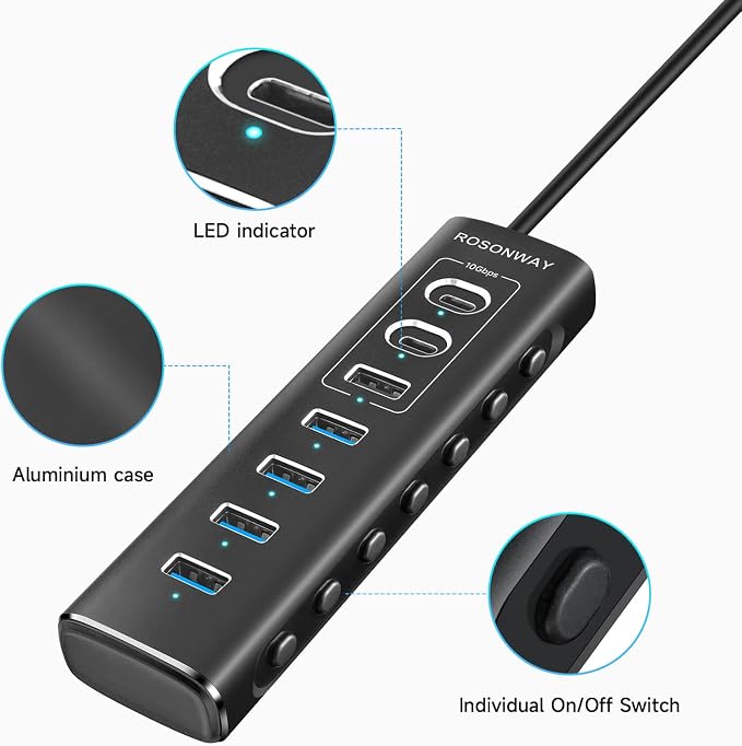 Powered USB Hub, Rosonway 7-Port USB 3.2/USB C Hub with 10Gbps USB-A 3.2, 2 USB-C 3.2, 4 USB 3.0 Ports, Individual Switches and 12V Power Adapter, Aluminum USB Port Expander for Laptop/PC, RSH-A107C