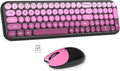 Wireless Keyboard and Mouse Combo, MOWUX Compact Typewriter Retro Round Computer Keyboard, Cute Optical Mouse Wireless, Plug and Play, for Laptop, PC, Computer- Black Pink Gradient