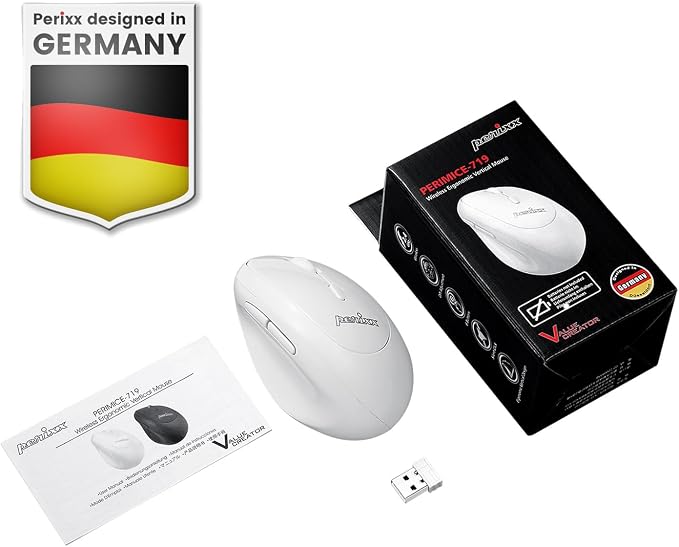 Perixx PERIMICE-719W Wireless Portable Vertical Mouse - Silent Clicks - Right-Handed Design - White