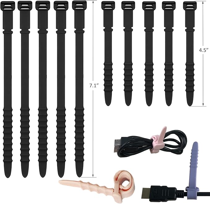 Silicone Zip Ties, Reusable Zip Ties, Rubber Cable Ties Straps for Wire Management, Elastic Silicone Ties Cable Organizer for Home Office, Black Cord Ties in Two Sizes 4.5" and 7.1" (5+5 Pcs Black)