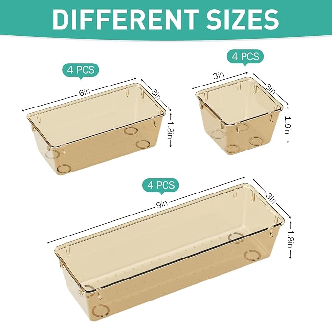 WOWBOX 12 Pack Clear Drawer Organizer Set, Acrylic Drawer Storage Trays, Storage Bins for Makeup, Cosmetics, Jewelries, Utensils, Gadgets, Office, Champagne