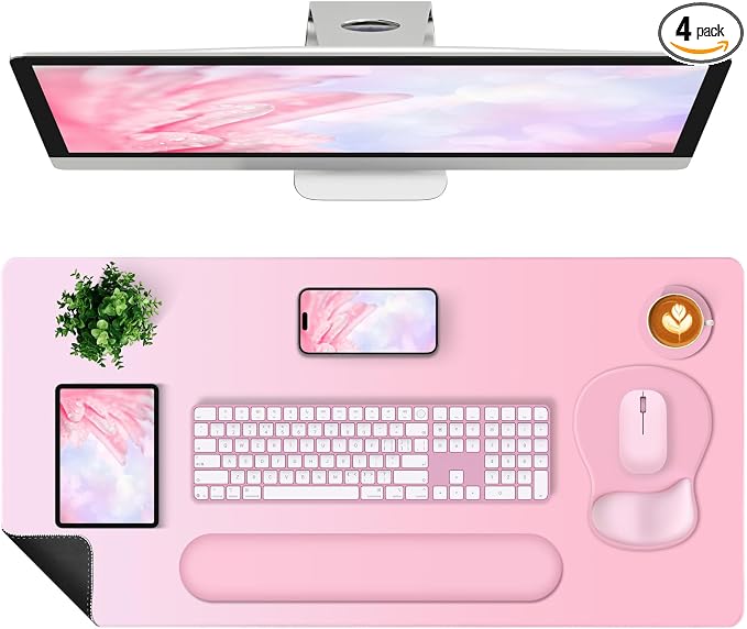 4-in-1 Large Gaming Mouse Pad, Keyboard Wrist Rest Pad & Wrist Support Mousepad Set, Extended Desk Pad Waterproof Desk Mat for Girl Women Home Office Decor Study Game 35.4×15.7 Inches I Soft Pink
