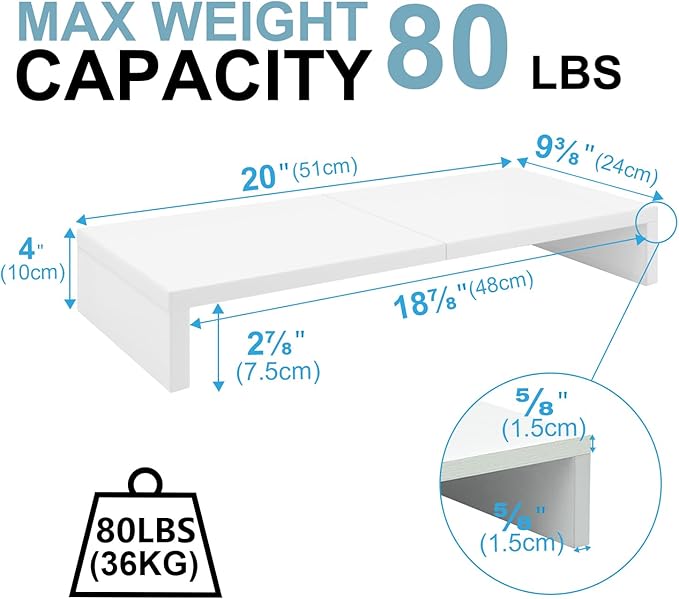 TEAMIX 2 Pack White Monitor Stand Riser - 20 inch, Wooden Desktop Stand for PC/TV/Laptop/Printer, Monitor Riser with Storage, Computer Stand with Keyboard Organizer