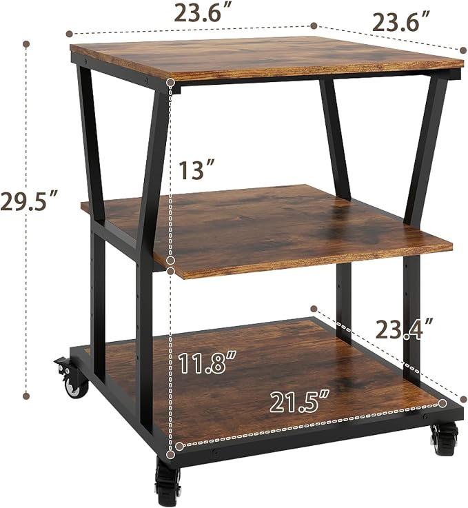 Natwind 3-Tier Large Printer Stand,23.6"x23.6"x29.5" Heavy-Duty Printer Table Cart with Paper Storage Shelf & Wheels,Ideal for Home Office Laser Printers, Copiers (Retro)