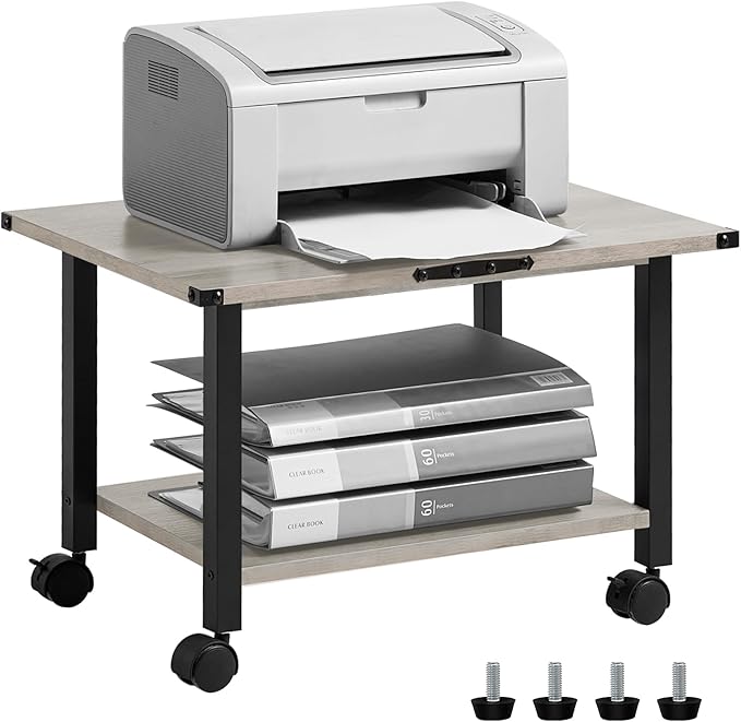 Lerliuo Under Desk Printer Stand, 2-Tier Industrial Mobile Printer Table with Storage Shelf and Steel Frame, Rolling Printer Cart Holder with Lockable Wheels for Home, Office (Grey)
