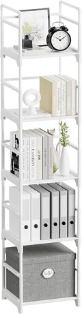 FIDUCIAL HOME 5 Tiers Narrow Bookshelf White Skinny Open Book Shelf | Slim Thin Small Spaces for Space Saving, Easy to Assemble, 12"L x 10"W x 57.2"H