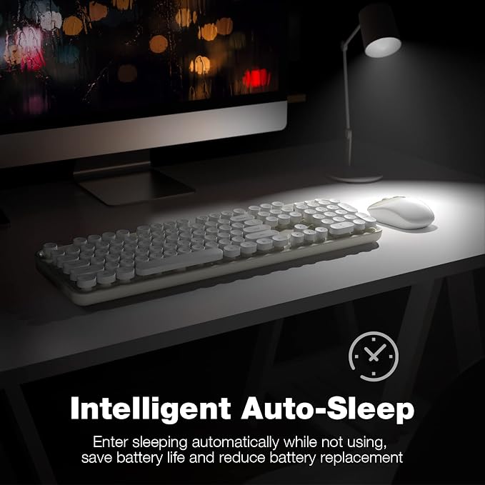 Atelus Wireless Keyboard and Mouse, Typewriter Full Size Keyboard with Number Pad and 2 in 1 USB Connected Mouse for Windows 7/8/10, Laptop, Desktop, PC, Computer (Off-White)