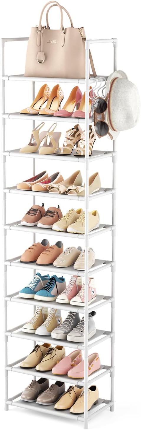 LANTEFUL 10 Tiers Tall Shoe Rack 20-25 Pairs Boots Organizer Storage Sturdy Narrow Shoe Shelf for Entryway, Closets with Hooks, White
