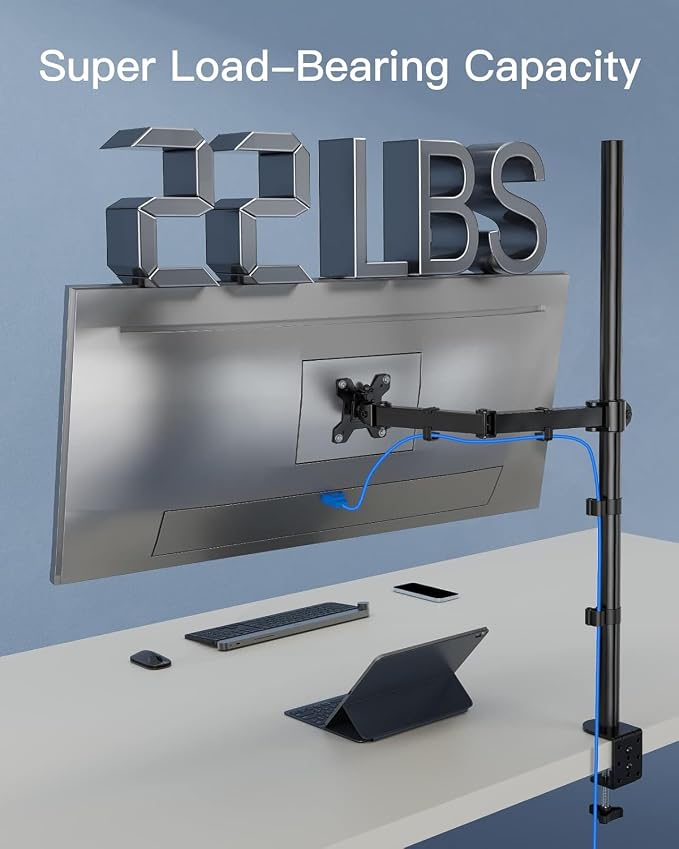 HUANUO Single Monitor Arm with 39 inch Extra-Tall Pole, Adjustable Computer Desk Mount for 13–32 inch Screens and up to 38 inch Ultrawide Screens, Hold 22 lbs, Monitor Stand with C-Clamp & Grommt Base
