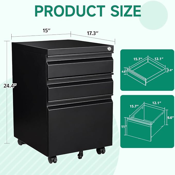 Letaya 3 Drawer Mobile File Cabinet with Lock, Under Desk Metal Rolling Filing Cabinets for Home Office Organizer Letters/Legal/A4 (Black- Requires Installation) (Black)