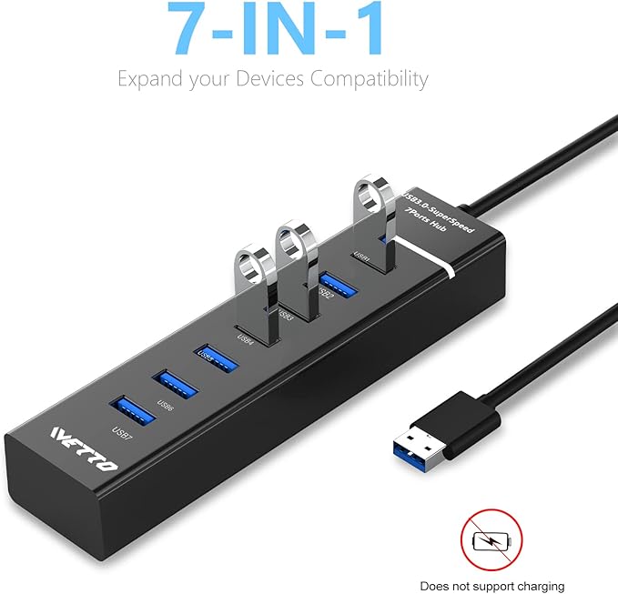 7-Port USB 3.0 Hub, IVETTO Data USB Hub Splitter with 3.3ft Long Cable for Laptop, PC, MacBook, Mac Pro, Mac mini, iMac, Surface Pro and More