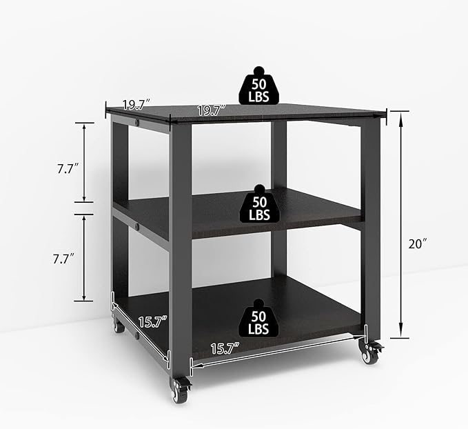 Natwind 3-Tier Laser Printer Cart,19.7''x19.7''x22.6'' Large Machine Stand,Heavy Duty Rolling Table with Storage,Floor-Standing Rack on Wheels,Paper File Organizer Shelf for Home Office (Black)