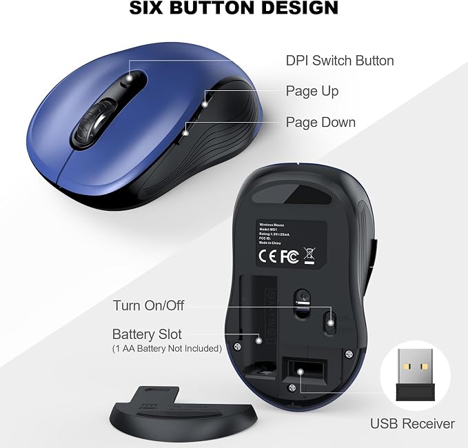 WisFox 2.4G Wireless Mouse for Laptop, Ergonomic Computer Mouse with USB Receiver and Type-C Adapter, 3 Adjustable Levels, 6 Button Cordless Wireless Mice for Windows Mac PC Notebook (Blue)