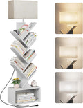 Evermagin 6 Tier Tree Bookshelf with Light, Narrow Bookcase Tower, Tall Floor Standing Book Shelf Organizer with Storage Cabinet for Living Room, Bedroom and Home Office, White