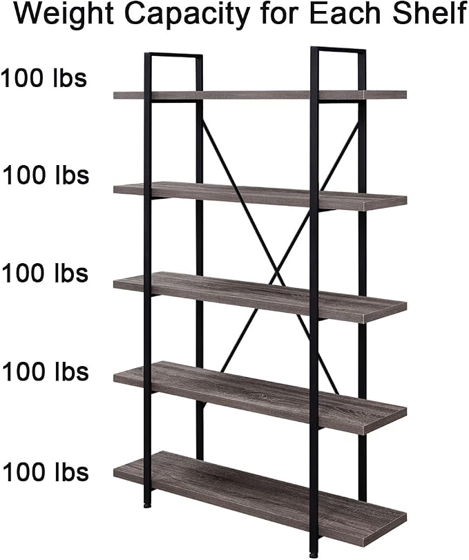 HSH 5-Shelf Vintage Industrial Rustic Bookshelf, 5 Tier Wood and Metal Bookcase, Open Etagere Book Shelf, Farmhouse Wooden Bookshelves, Light Grey Oak