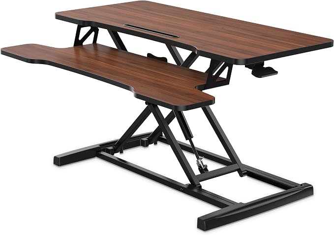 FITUEYES Height Adjustable Standing Desk 36” Wide Sit to Stand Converter Stand Up Desk Tabletop Workstation for Laptops Dual Monitor Riser Brown SD309102WE