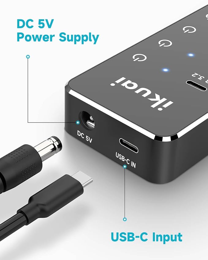 Powered USB Hub, ikuai 7-Port USB 3.2 / USB C Hub, with 3 10Gbps Data Ports (2 USB-C + 1 USB-A) and 4 USB A 3.0 Ports for PC Laptops