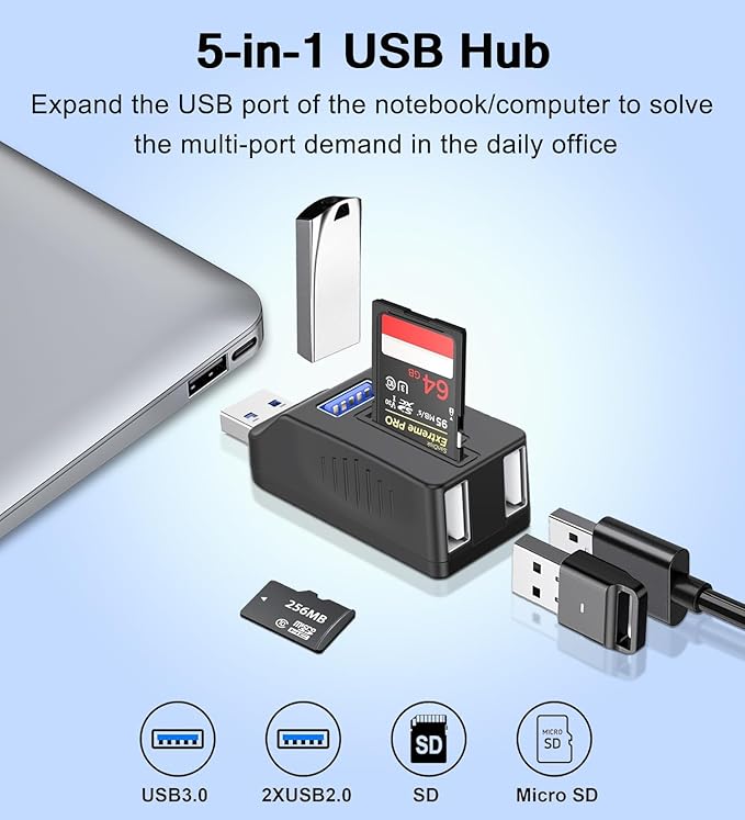 VIENON 5-Port USB 3.0 Hub with SD TF Card Reader, USB Extender Adapter with Memory SD/Micro SD Card Reader, USB 3.0/2.0 Ports, Portable USB Splitter for Laptop,PC, Camera, Flash Driver, HDD, Dash Cam