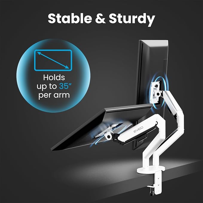 EVEO Premium Dual Monitor Mount 14"-35” Dual Monitor Arm VESA Bracket Adjustable Height Gas Spring Dual Monitor Stand, Screen Full Motion Dual Monitor Arm-Computer Monitor Stand for 2 Screens - White