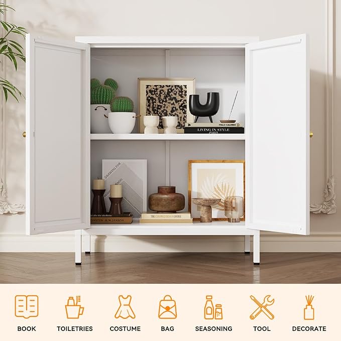 2 Door Metal Accent Storage Cabinet for Office Room,Garage-Metal Floor Bathroom Storage Cabinet with 1 Adjustable Shelves,Freestanding Sideboard for Small Spaces (Square Door, White)