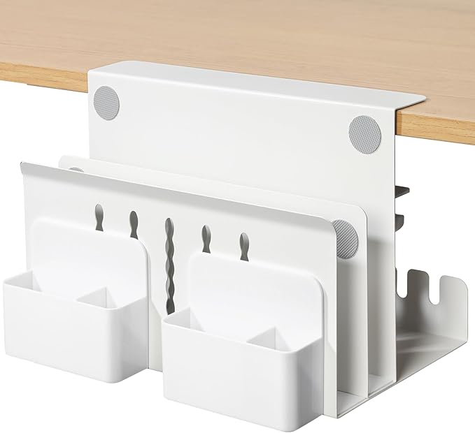 MAXECHO Desk Side Storage, Under Desk Laptop Mount, Table Side Hanging File Organizer, No Drill Clamp On Cable Management Tray, Laptop Holder with Magnetic Pen Holder for Office and Home, Load 22 Lbs