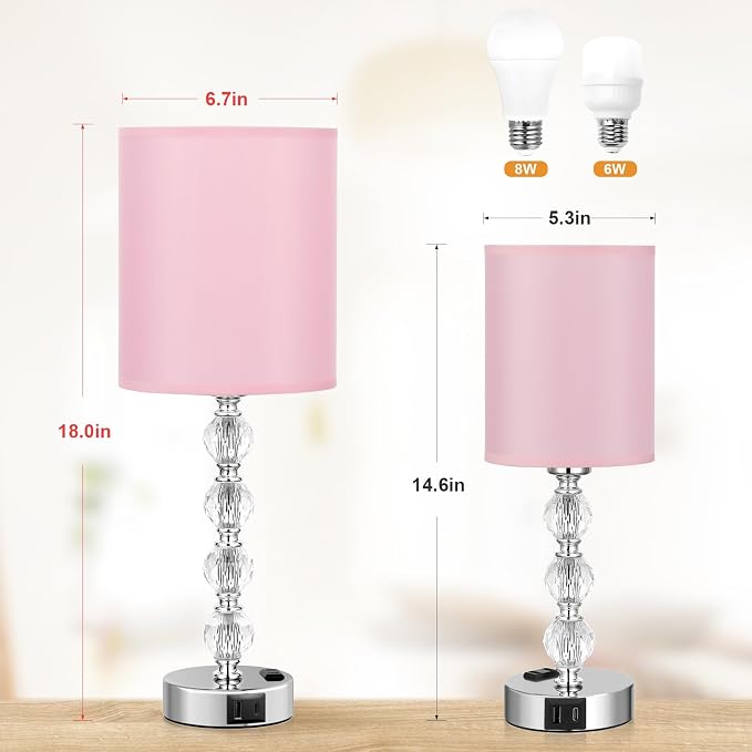 Touch Bedside Crystal Lamps for Bedrooms Nightstand with USB C+A Charging Port and AC Outlet White, 3 Way Dimmable Silver Large End Side Table Lamp for Living/Guest/Dinning Room/Kitchen