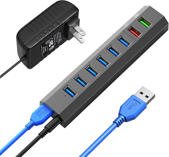RAOYI Powered USB 3.0 Hub, 8 Ports High Speed USB 3.0 Hub Splitter with 36W Power Adapter, 3.3ft Cable and Smart Fast Charger USB Hub for Laptop, PC, Mobile HDD, Mulitple Devices (Gray)