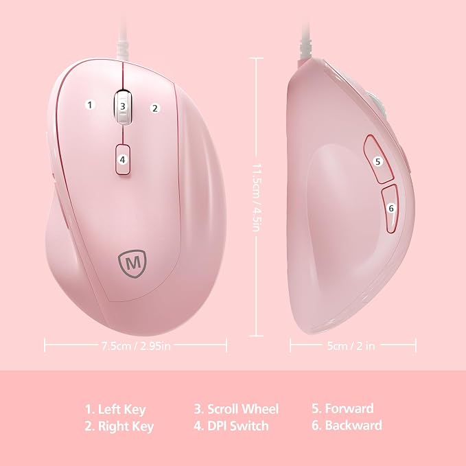 Micropack Ergonomic Mouse Wired for Laptop, PC Computer and Desktop, Ergo Mouse Vertical with Silent Clicks, Up to 3200 DPI Adjustable Mouse Sensitivity, Pink