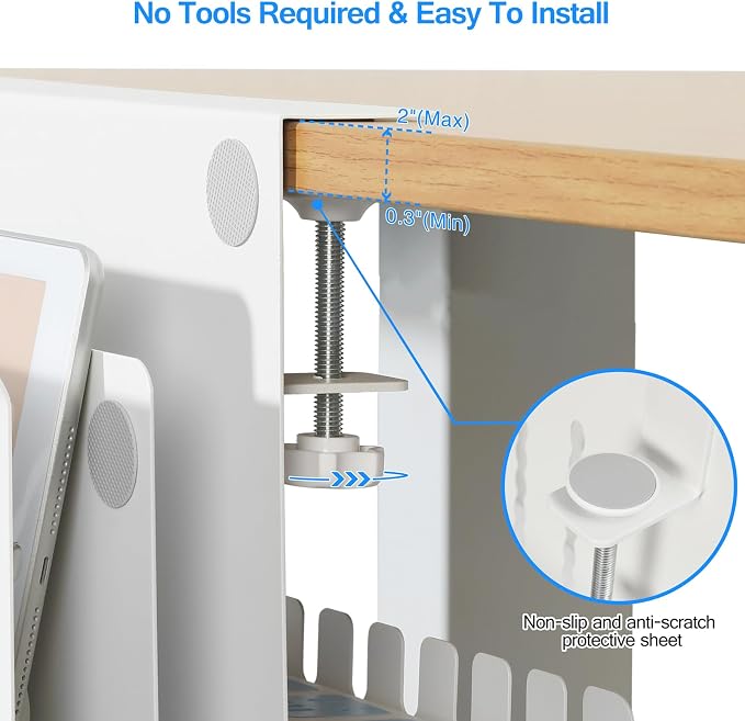 MAXECHO Desk Side Storage, Under Desk Laptop Mount, Table Side Hanging File Organizer, No Drill Clamp On Cable Management Tray, Laptop Holder with Magnetic Pen Holder for Office and Home, Load 22 Lbs
