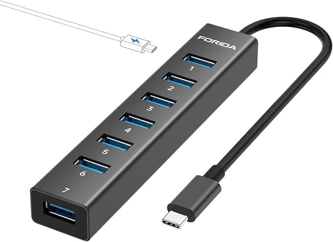 FORIDA USB C Hub-8 Port USB HUB with 7 USB3.0 Data Ports,Aluminum Alloy USBC Splitter with Type C 5V/3A Power Port Compatible with MacBook, iPad, Surface Pro, XPS, Laptop,PC (Black,USB C-9.8in)