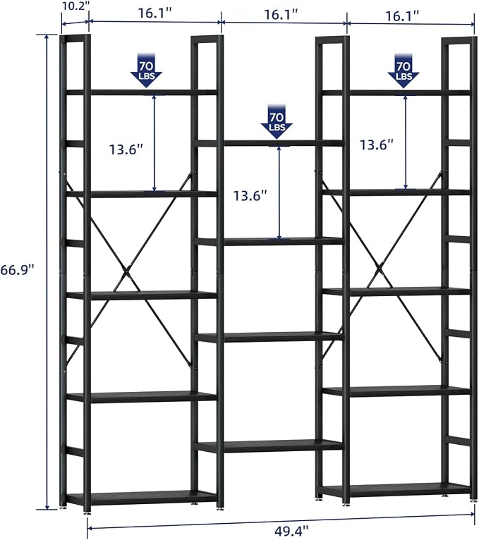 NUMENN Triple Column 5 Tier Bookshelf, Bookcase with 14 Open Display Shelves, Adjustable Rustic Industrial Style Book Shelves, Modern Bookshelves for Bedroom, Living Room and Home Office, Black