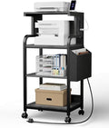Tall Printer Stand with Storage, 4-Tier Mobile Printer Cart with Adjustable Shelf & Side Bag, Heavy Duty Printer Table with Built-In Charging Station for Home Office, Fits Scanner, Fax Machine, Grey
