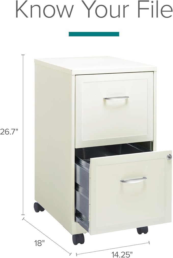 Space Solutions - 2 Drawer Fully Assembled Vertical Steel File Cabinet, Home & Small Office Use, Fits Under Most Desks, Letter-Size, Lock, Mobile, Pearl White