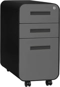 Laura Davidson Furniture Stockpile Slim 3-Drawer Mobile File Cabinet with Lock - Under Desk Metal Filing Cabinet, Legal/Letter File Folders, Wheels and Stationary Feet, Pre-Assembled, Black/Grey