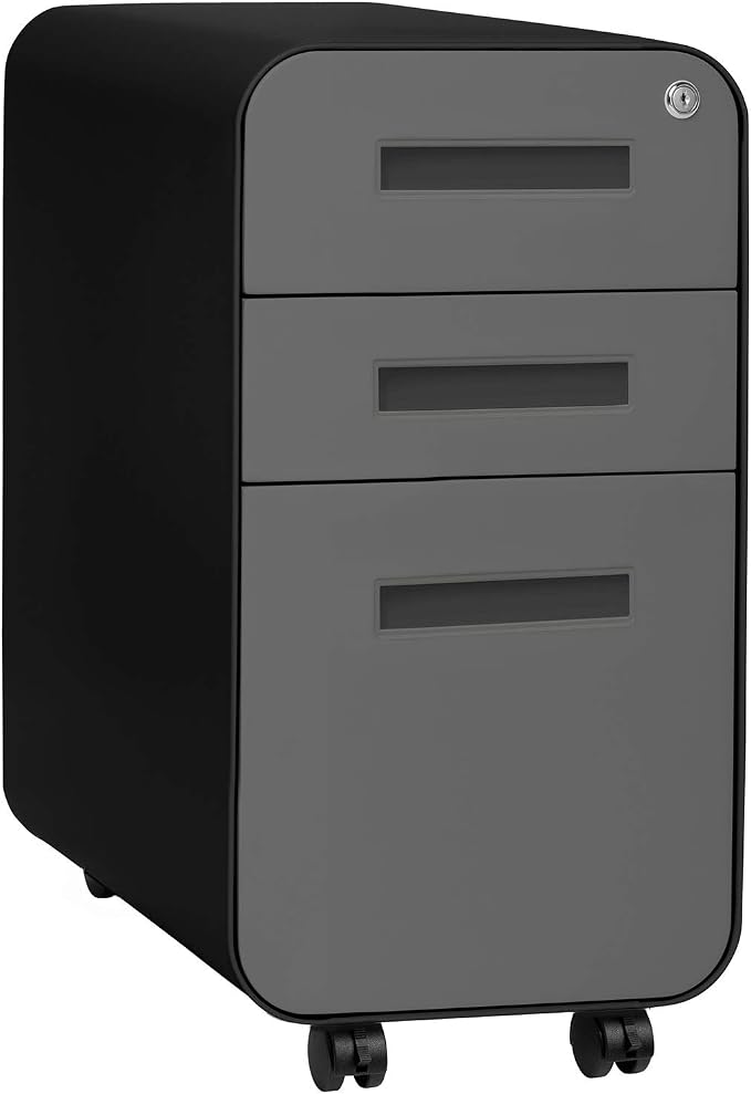 Laura Davidson Furniture Stockpile Slim 3-Drawer Mobile File Cabinet with Lock - Under Desk Metal Filing Cabinet, Legal/Letter File Folders, Wheels and Stationary Feet, Pre-Assembled, Black/Grey