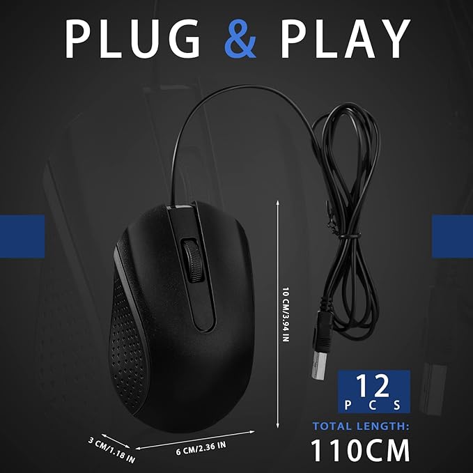 Hoteam 12 Pcs Wired Computer Mouse Bulk Cord USB Computer Mice Ergonomic Wired Mouse for Pcs, Computers, Laptops, Gaming Office Home Supplies(Black)