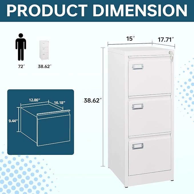 MIIIKO 3 Drawer File Cabinet, White Vertical Filing Cabinets with Lock, Home Office File Folders Storage Cabinet for Letter Legal A4 File Size