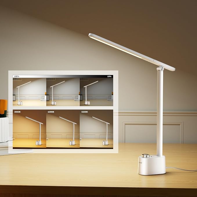 Honeywell Upgraded LED Desk Lamp - H01 Pro Sunturalux™ Foldable Desk Light with USB A+C Charging Port, 3 Color Modes Dimmable Table Lamp for Home Office Reading(White)