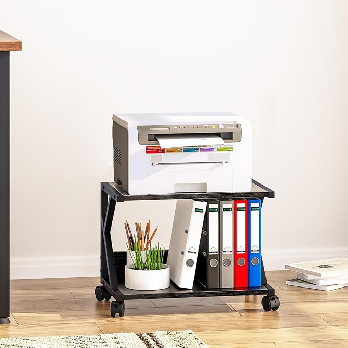 aboxoo Desktop Printer Stand with 2 Tier Wood Storage Shelves,Under Desk Printer Table,Multi-Purpose Home Office Desk Organizer for Fax Machine, Scanner (Black)