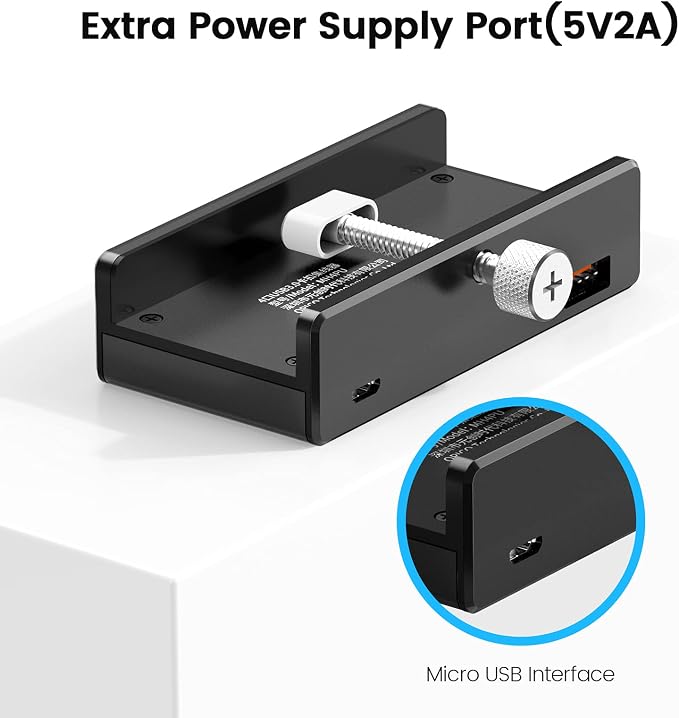ORICO USB 3.0 Hub, USB Hub Clamp, Aluminum 4-Port USB Splitter with Extra Power Supply Port and 4.92 FT USB Data Cable, Desktop Powered USB Hub for Monitors/Desks-Black (Without Power Adapter)