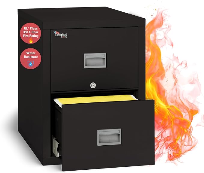 FireKing Patriot 2P1831-CBL Insulated UL Class 350 one-Hour Fire Rated Vertical Filing Cabinet with 2 Drawers, Deep Letter Size, 31-9/16" Length x 17-3/4" Width x 27-3/4" Height, Black