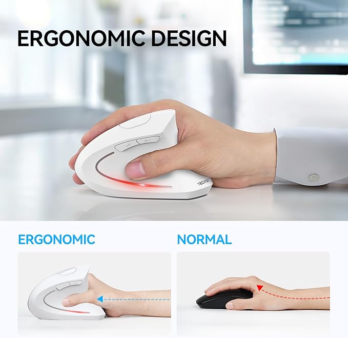 TECKNET Ergonomic Mouse, Wireless Bluetooth Vertical Mouse, 4800 DPI Optical Tracking, 6 Adjustable DPI, Quiet Clicks, 2.4GHz with USB A Receiver, 12 Months Battery, 6 Buttons, Wide Compatibility