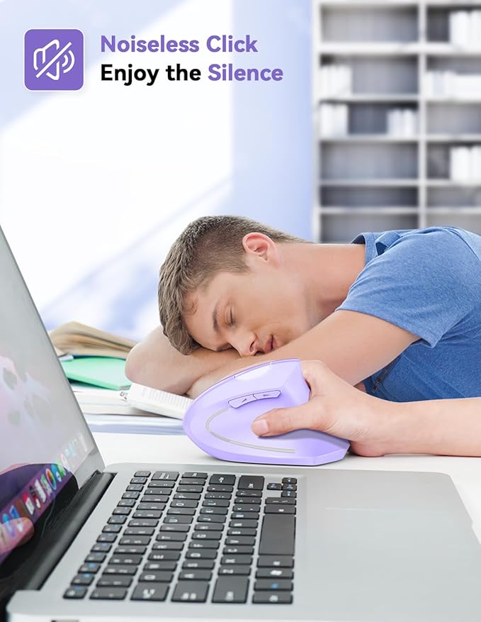 TECKNET Ergonomic Mouse, 4800 DPI Wireless Vertical Mouse with 5 Adjustable DPI Levels, 2.4GHz Optical Carpal Tunnel Mouse, 6 Buttons Wireless Mouse for Laptop, Desktop, PC, MacBook - Light Purple